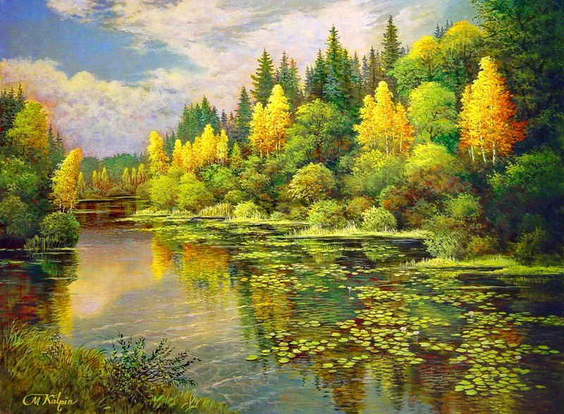 clouds, lake, painting, autumn, river, riverbank, forest, lovely, nice, 1080P, view, mirrored, trees, beginning