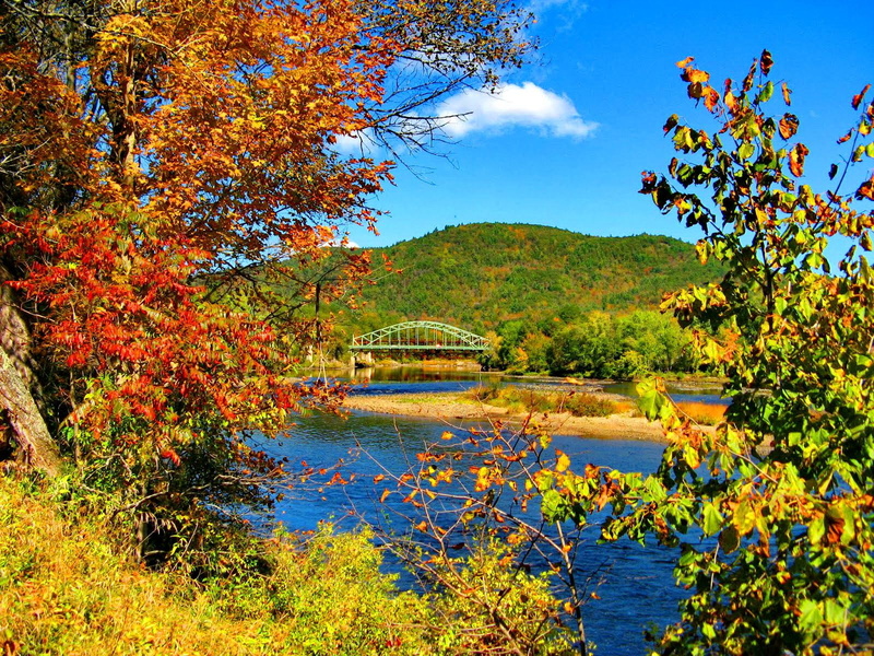 water, lake, bridge, blue, lovely, leaf, 720P, beautiful, green, shore, autumn, foliage, landscape, trees, leaves, hills, fall, nice, riverbank, nature