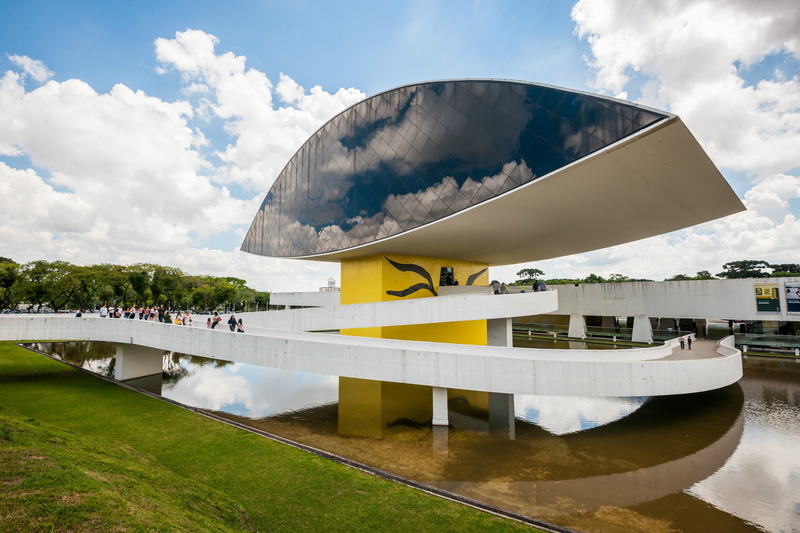 reflection, tourism, arts culture and entertainment, architecture, curitiba, connection, museum of the eye, nature, brazil, cloud - sky, day, oscar niemeyer