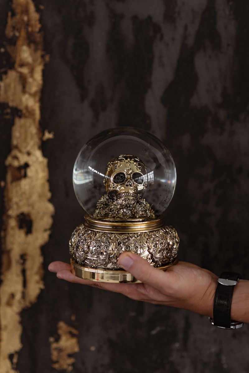 5K, time, snow, hand, black, focus on foreground, decoration, luxury, unrecognizable person, skull, human hand, leisure activity, globe, men, spooky, finger