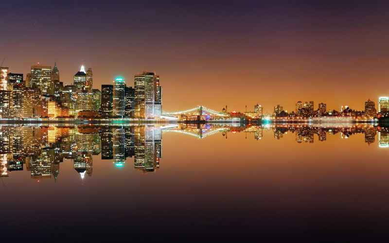 lights, architecture, reflection, anima, city, lake, night, skyscrapers, beautiful, bridge, 2K, buildings
