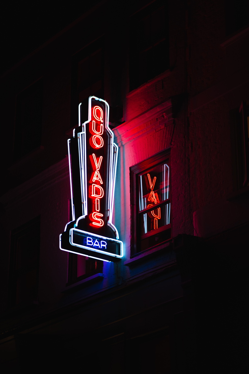 food and drink, neon, quo vadis, light sign, building exterior, communication, western script, city life, cocktail, bar, britain, vadis, built structure