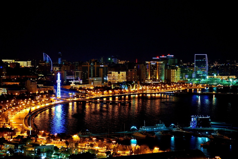 Azerbaijan, Cities, City, Baku, Night, Building, Coast, 1080P, Light