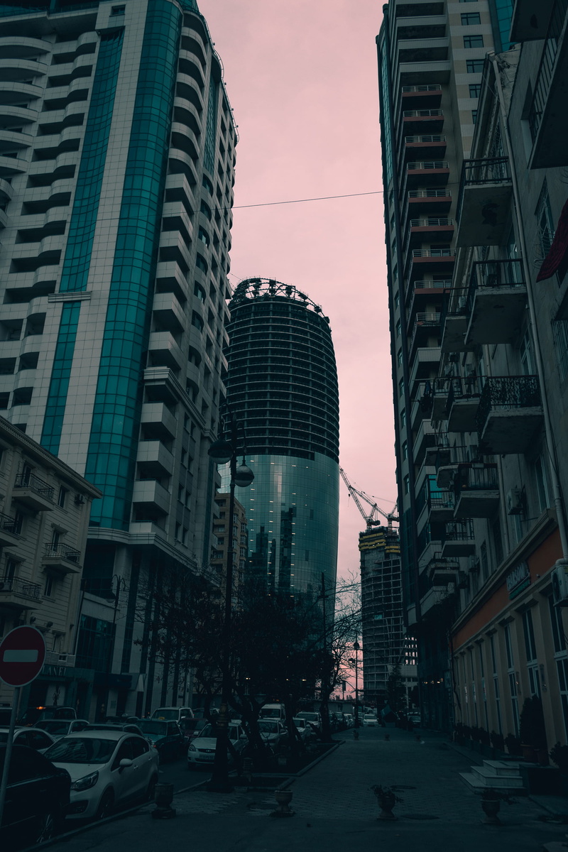 mode of transportation, sky, modern, built structure, tumblr, nature, city life, blue, car, road, office building exterior, tall - high, baku, photography