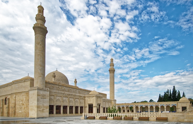 architectural column, azerbaijan, building, no people, shamakhy, building exterior, sky, built structure, islam, mosque, tourism, the past, colonnade, city