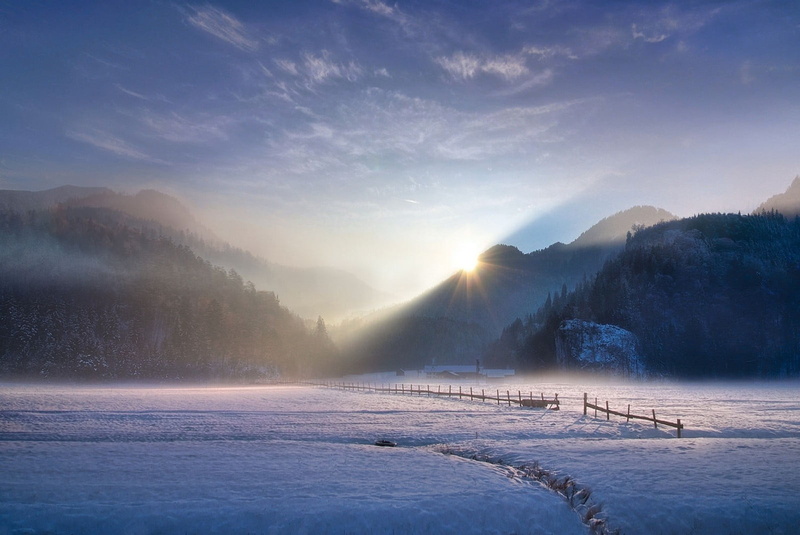 photography, near, snowfield, sun rays, fence, forest, beauty in nature, mountain range, nature, no people, hour, tranquil scene, ice, landscape, mountain