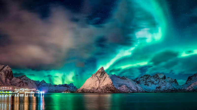 waterfront, phenomenon, cloud - sky, reine, star - space, sea, northern lights, green color, fjord, scenics - nature, mountain, landscape, reinefjord, aurora polaris