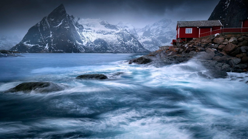 architecture, rock, red house, nature, mountain, aquatic sport, solid, winter, reinefjord, sky, cold temperature, europe, ice, wave, rock - object, environment