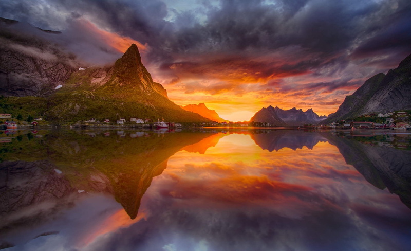 sunset, nature, fjord, landscape, village, 1080P, midnight, Norway, Lofoten Islands, reflection, Sun, photography