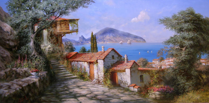 sail, mountain, beauty, summer, gurzuf, sea, happiness, art, painting, alexander, wood, crimea, flowers, miliukov, heaven, sun, 2K, cabins