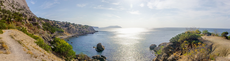 mountain, solid, tranquility, panoramic photo, russia, summer, beach, outdoors, 5K, hills, sunlight, cloud - sky, sea, panoramic, crimea, plant, tranquil scene