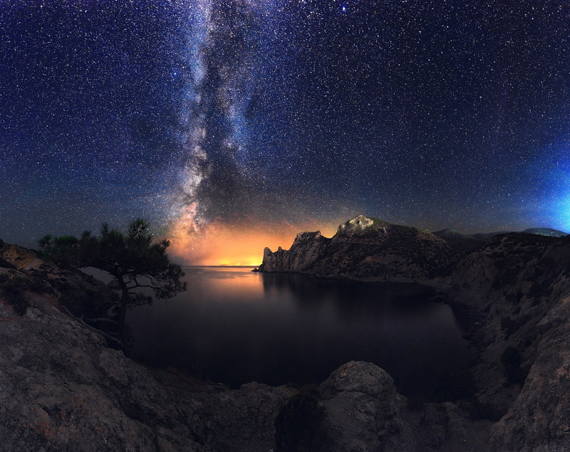 landscape, mountains, nature, Crimea, stars, trees, Ukraine, Russia, rocks, night sky, sea, 1080P, Milky Way, bay