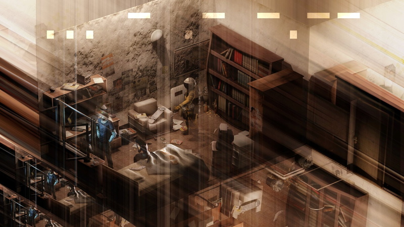 glass - material, fi, high angle view, built structure, flooring, domestic room, indoors, factory, day, spaceship, group of people, window, working, interstellar