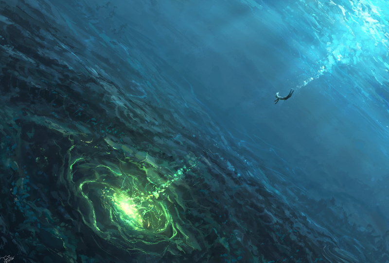digital painting, diving, deep sea, digital art, sea, underwater, digital, abyss, green, artwork, landscape, 2K, water, blue, fantasy art, rabbits, drawing
