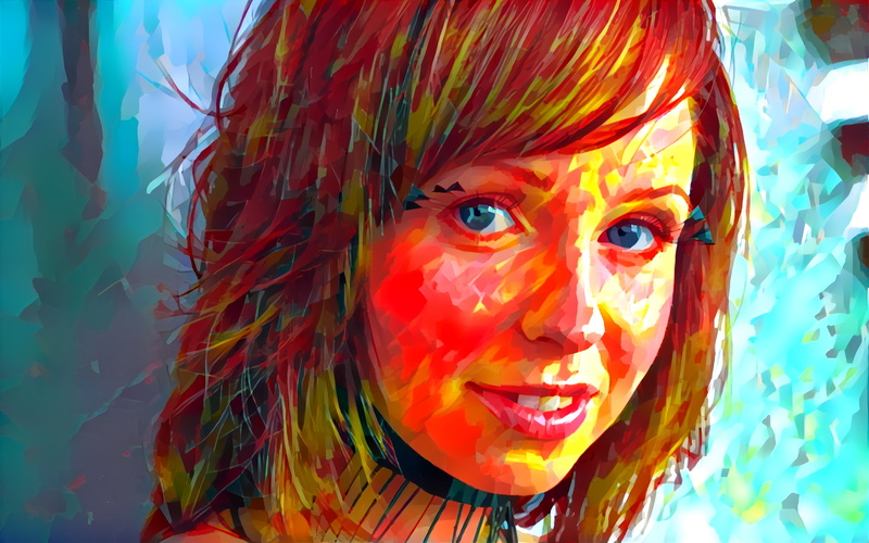 paint, indoors, leisure activity, looking at camera, multi colored, women, one person, artwork, human face, 1080P, deep-art, adult, young adult, lifestyles