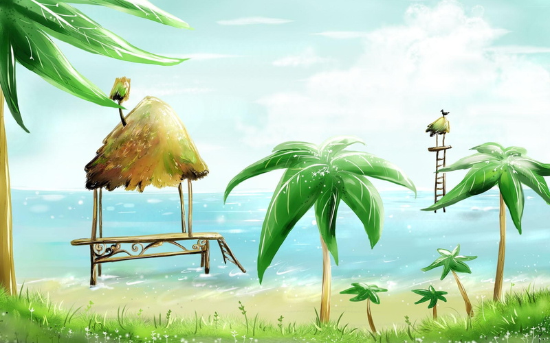 brow, cabins, 1080P, Palm, trees, Beach, Bird, Painting, Sea, Vector, coconut, hut