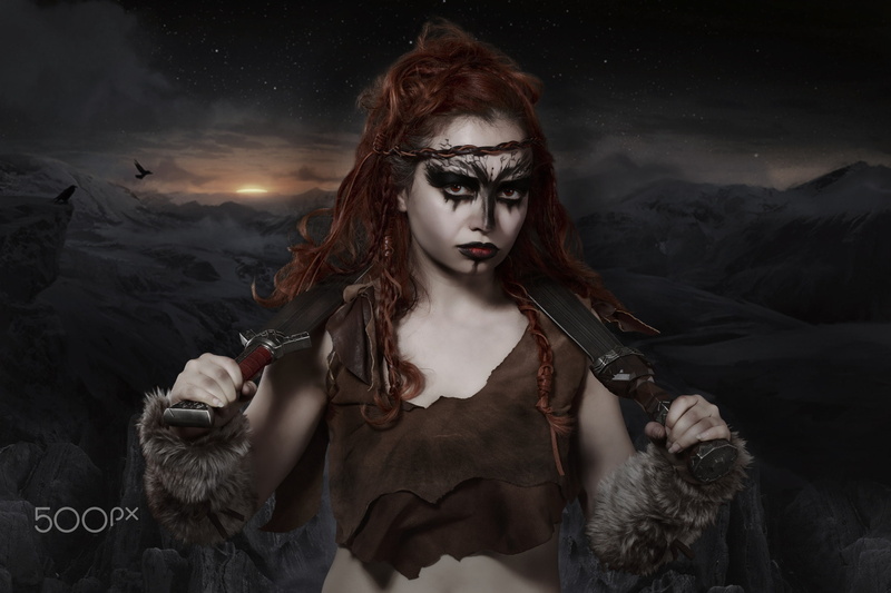 sky, warrior, dark, model, young adult, redhead, waist up, star - space, standing, front view, fantasy girl, young women, 500px, looking at camera, portrait