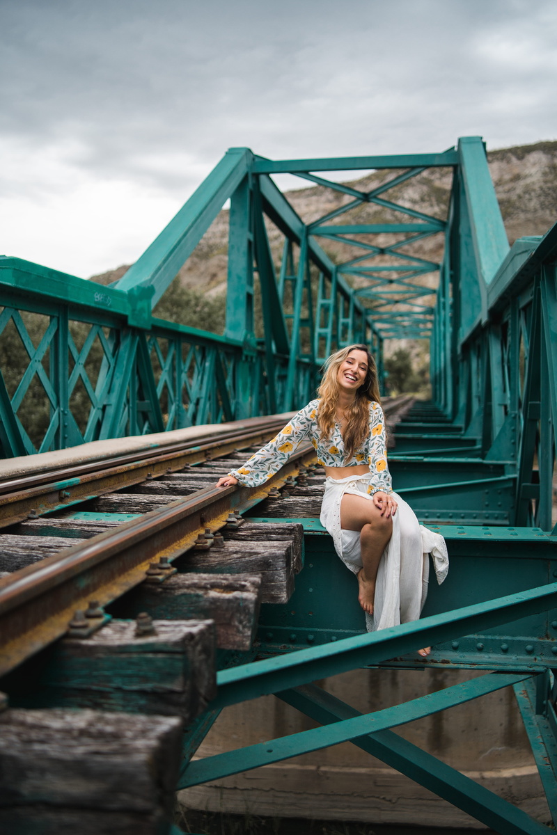 shirt, trail rail, sitting, happiness, woman, 5K, smile, beautiful, bridge, fashion, cute, summer, nature, railway, rail, white, outdoors, young Adult