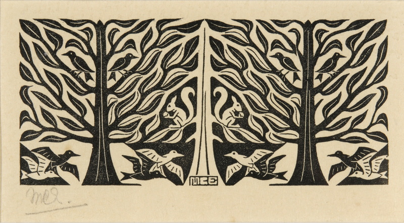 Trees, monochrome, Sketches, Optical Illusion, 2K, birds, squirrel, animals, M. C. Escher, artwork, drawing, Signatures, leaves, Symmetry