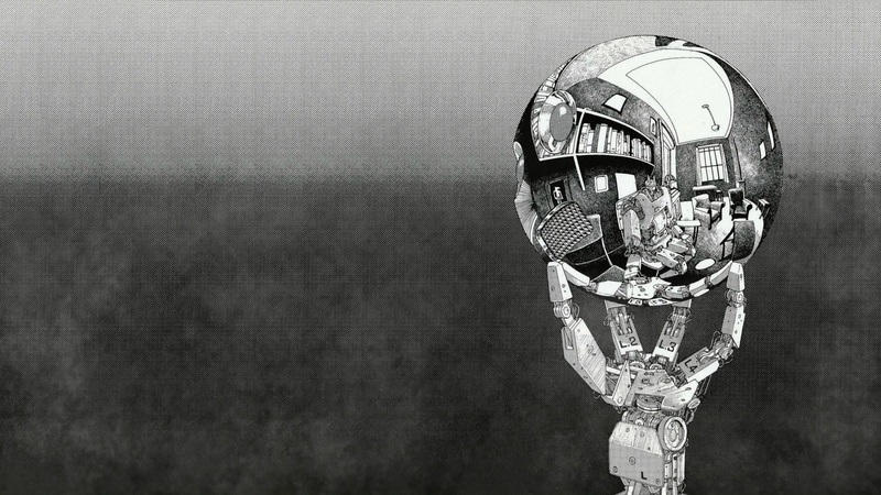 reflection, M. C. Escher, 1080P, robot, sphere, monochrome
