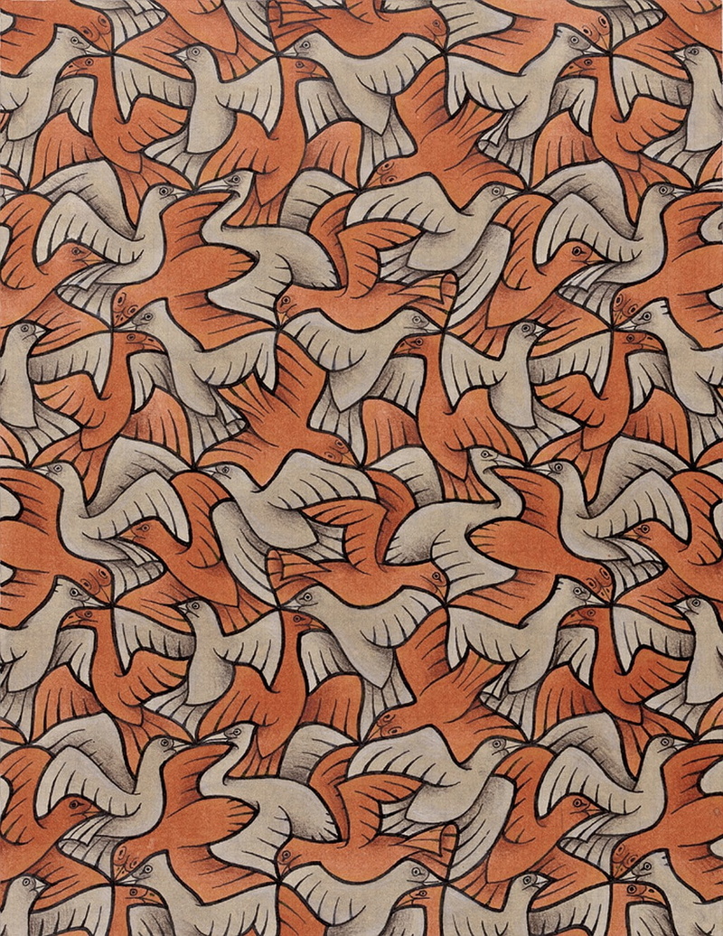 repetition, pattern, close-up, large group of objects, indoors, no people, drawing artwork m c_ escher optical illusion symmetry sketches animals birds red flying wings