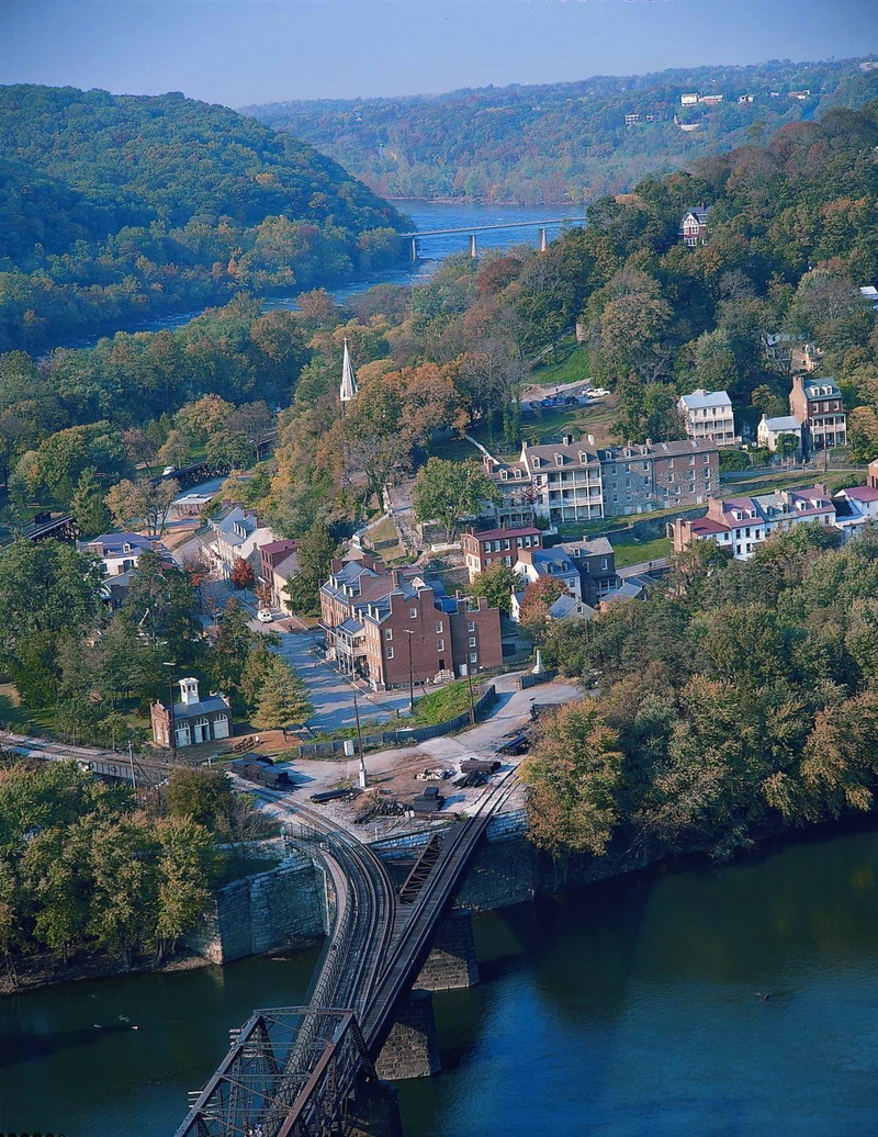 bridge, fall, beauty in nature, autumn, Harpers Ferry, river, city, building, harpers ferry, trees, landscape, tree, forest, plant, no people, Town, buildings