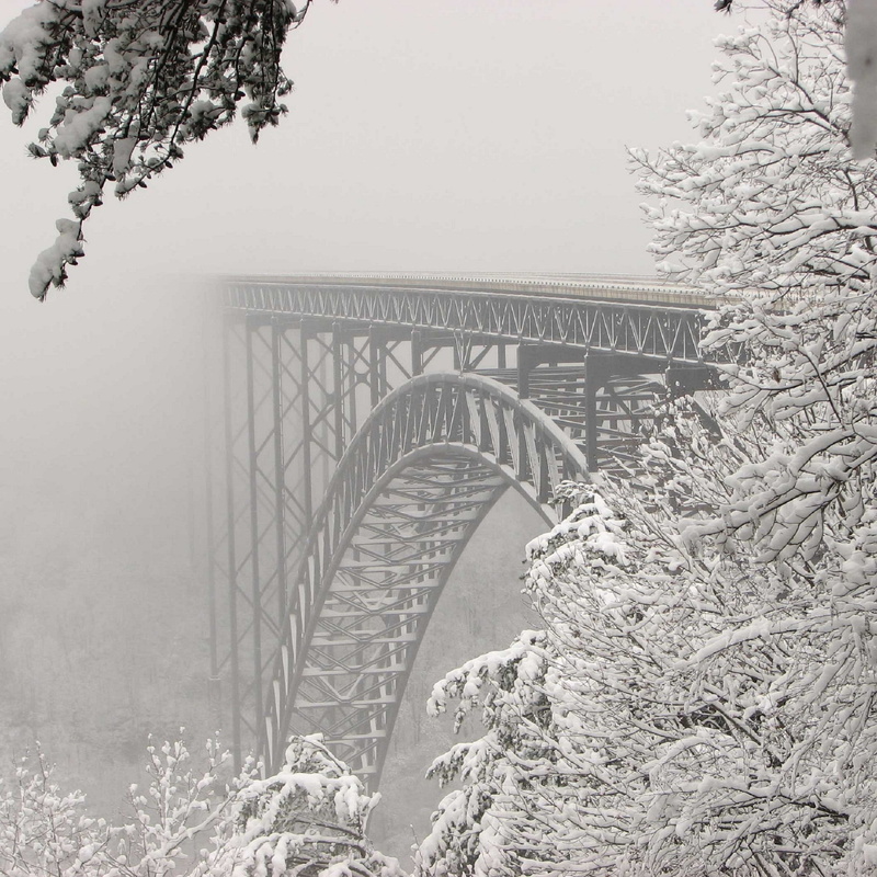 bridge, water, usa, west virginia, cold temperature, new river gorge, outdoors, arch, steel bridge, day, built structure, plant, sky, tree, ice, transportation