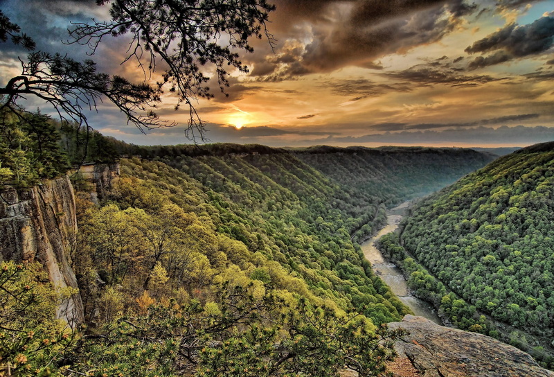travel, water, canyon, new river gorge, twilight, trees, mountains, scenics - nature, sky, growth, green color, outdoors, cloud - sky, tree, tranquil scene