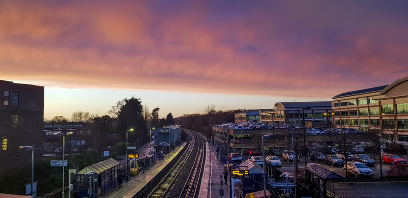 industrial, outdoors, rail, high angle view, terminal, dusk, railtrack, train track, train station, sunset, transportation, red, track, building exterior
