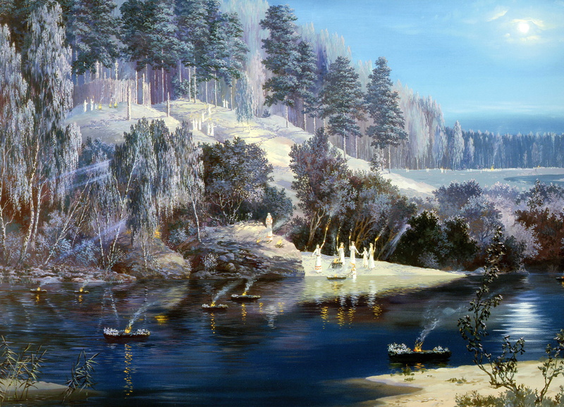 Russian folklore, frozen, painting, ice, color Image, torches, park - Man Made Space, blue, beauty In Nature, lake, frost, no People, tree, Ivanov, Russia