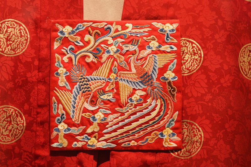 decoration, silk, bird, representation, no people, dress, red, indoors, embroidery, ornate, pattern, creativity, art and craft, 5K, elegant, close-up