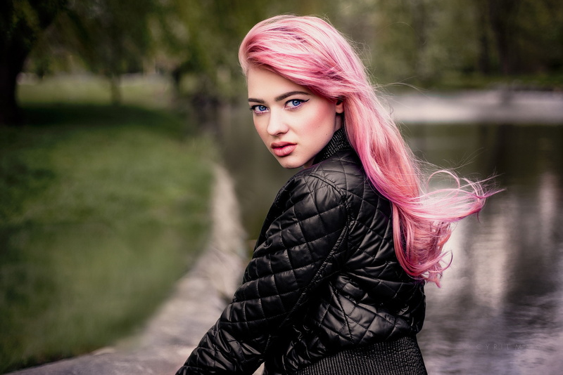 hair, leisure activity, one person, pink hair, focus on foreground, portrait, young adult, women, clothing, hairstyle, leather, teenager, looking at camera