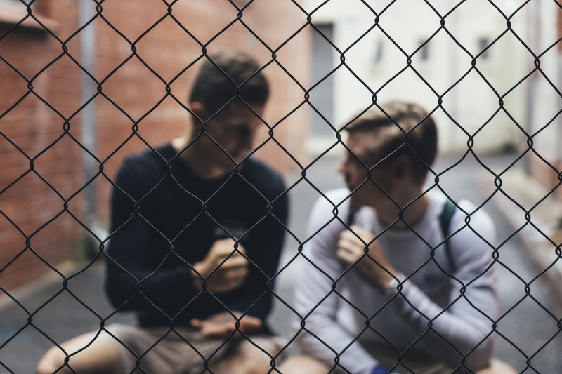 barrier, chainlink fence, building exterior, security, two, pattern, safety, fence, talking, gray, architecture, backgrounds, 5K, close-up, defocused