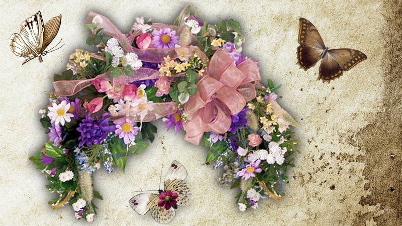 wreath, summer, vintage, 3d and abstrac, flowers, butterflies, 1080P, paper, floral, color, firefox persona, parchment, ribbon, green, pink