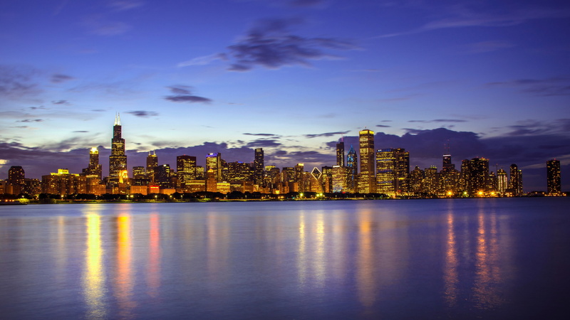 lake michigan, sky, skyscraper, dusk, night, ilinois, 4K, metropolis, cityscape, united states, skyline, chicago, landmark