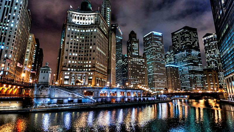 chicago river, sky, no people, cityscape, nightlife, illuminated, office building exterior, architecture, metropolis, ilinois, water, chicago, built structure