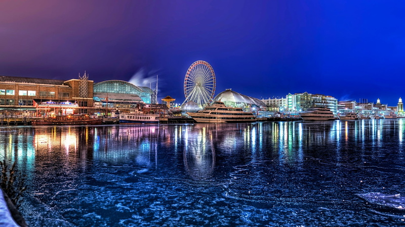nightlife, water, tourist attraction, travel, architecture, no people, amusement park ride, chicago, city life, modern, usa, sky, lake michigan, cityscape