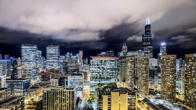 urban skyline, residential district, landscape, city, tower, spire, cloud - sky, building exterior, chicago, outdoors, architecture, ilinois, night, building