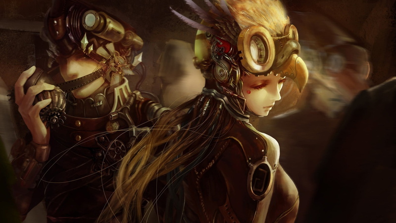 headshot, two people, robotic, enjoyment, mask, headgear, mask - disguise, obscured face, portrait, steampunk, people, woman, disguise, real people, lifestyles