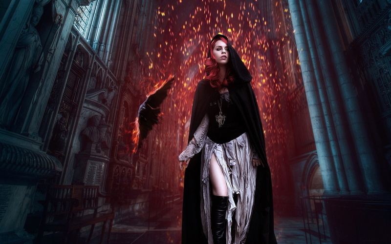 clothing, adult, one person, 1080P, fire, Hood, headgear, front view, portrait, young women, architecture, lifestyles, three quarter length, cloak, beautiful woman