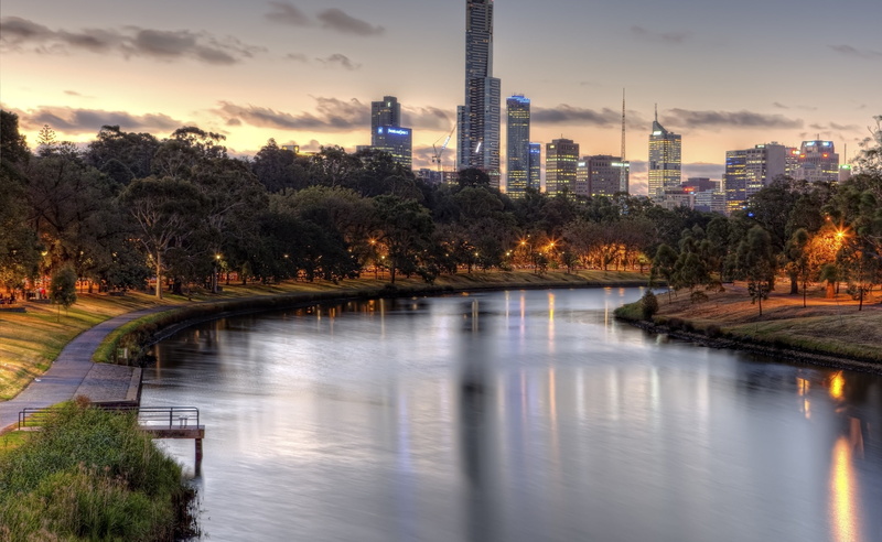 water, building exterior, outdoors, Yarra, sky, no people, lights, factory, built structure, cloud - sky, tree, plant, waterfront, park, tower, reflection