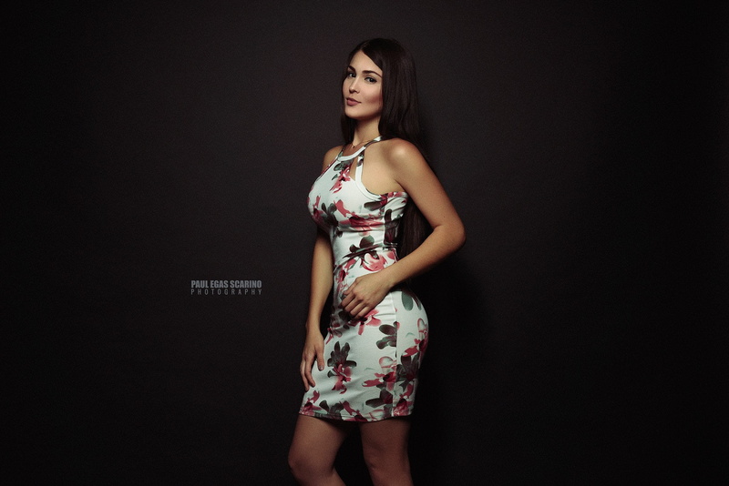 long hair, floral pattern, one person, beauty, indoors, standing, young women, three quarter length, beautiful woman, fashion, Andreina Berrueta, simple background