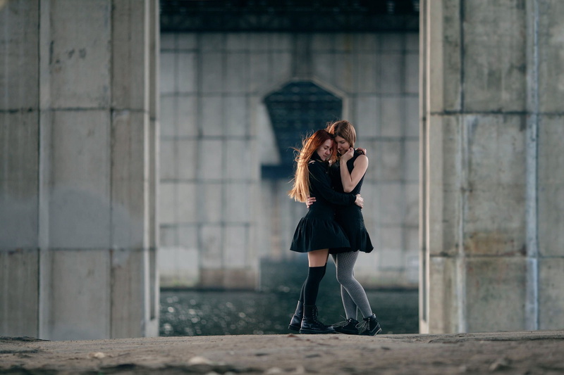 brunette, boots, 1080P, hugging, model, thigh-highs, black clothing, redhead, two women, women, windy