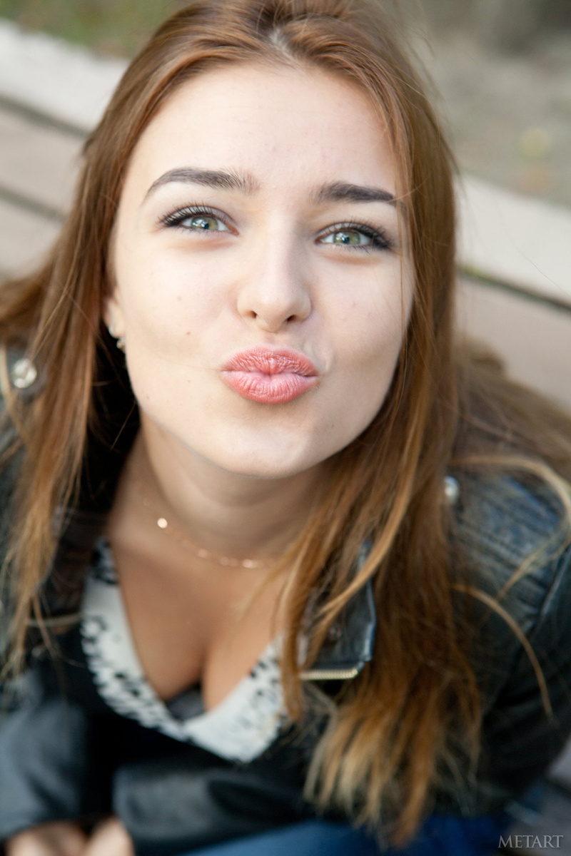 bench, teenager, adolescence, hazel eyes, long hair, contemplation, portrait, black jackets, one person, beautiful woman, Met-Art, Adriana F, duckface