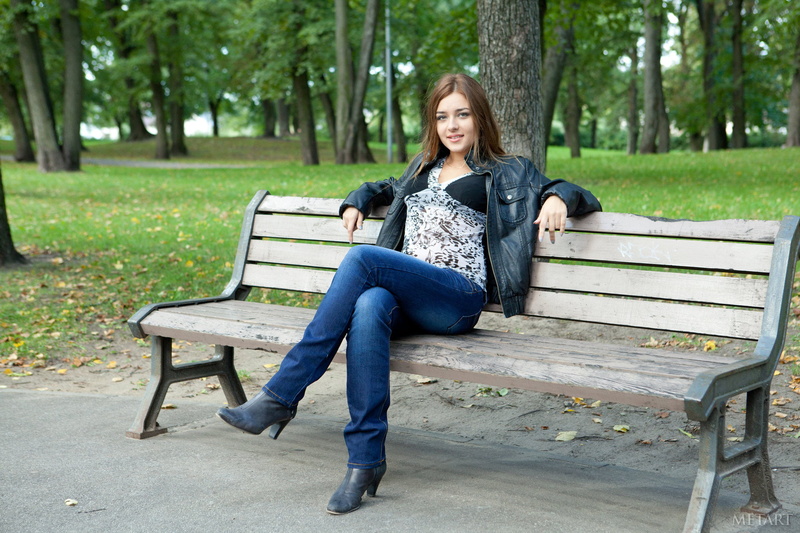 casual clothing, portrait, young adult, sitting, legs crossed, Adriana F, real people, Met-Art, women outdoors, MetArt Magazine, seat, leather jackets