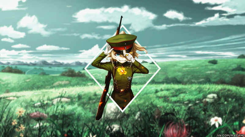 green color, human representation, day, male likeness, representation, grass, land, Youjo Senki, Tanya Degurechaff, sky, field, security, anime girls, hanging