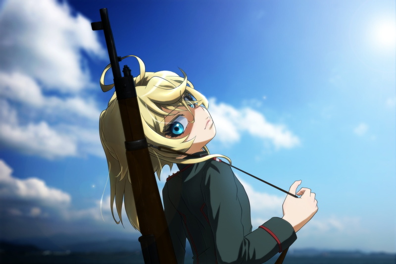 waist up, gun, one person, blue, outdoors, adventure, Anime, youjo senki, lifestyles, leisure activity, day, sky, blonde, young adult, nature, women, low angle view
