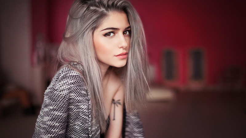 Long Hair, Ivan Gorokhov, Looking At Viewer, Brown Eyes, women, Depth Of Field, Dyed Hair, tattoo, face, 1080P, Sweater, Galina Rover, model, portrait