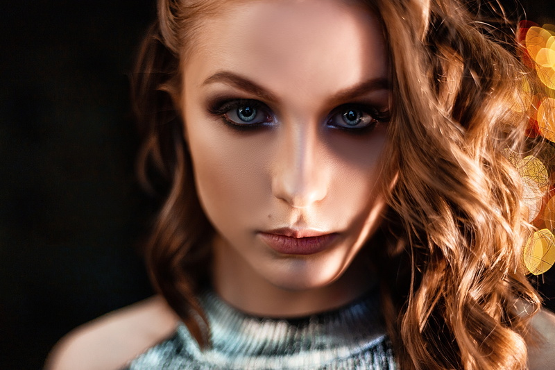 face, portrait, gray eyes, bare shoulders, looking at viewer, lights, women, eyelashes, Vlad Popov, model, 2K, bokeh, brunette