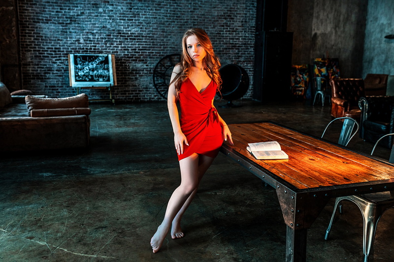 long hair, women, dress, indoors, painted nails, barefoot, Vlad Popov, standing, cleavage, women indoors, looking at viewer, table, model, depth of field